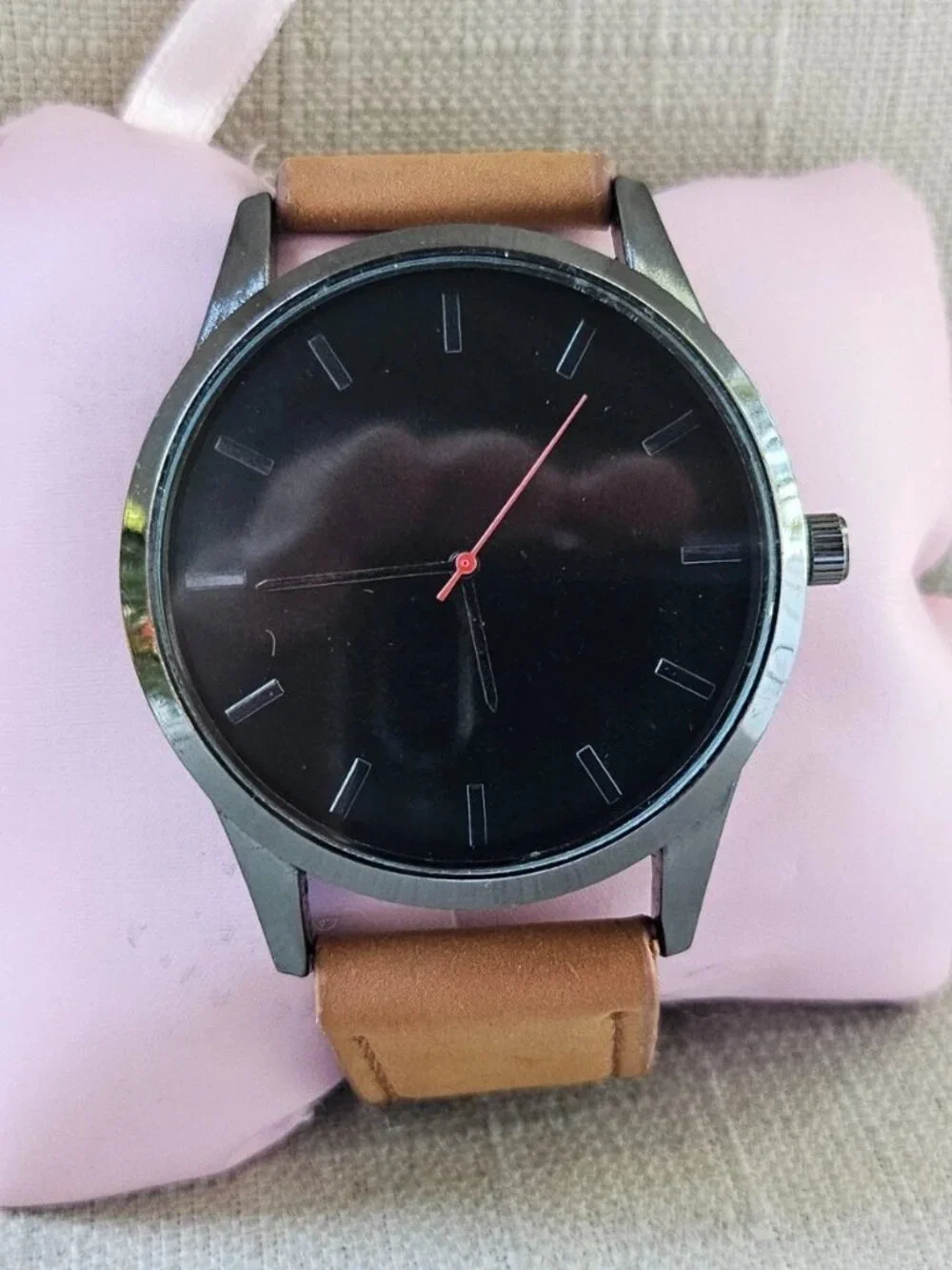 Fashion Men Wristwatch Brown Faux Leather Vegan Strap Quartz Black Face Watch
